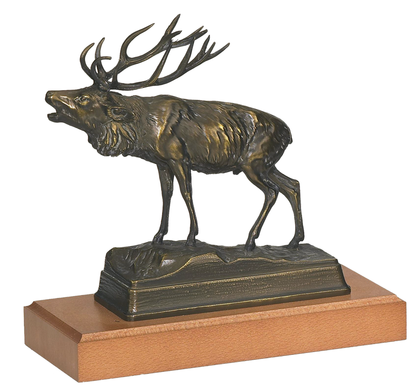 Hirsch Bronzereplik auf Holzsockel Höhe: 21 cm