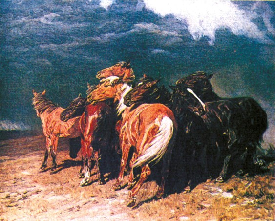 Kunstdruck "Roloff, Pferde im Gewitter" (P)