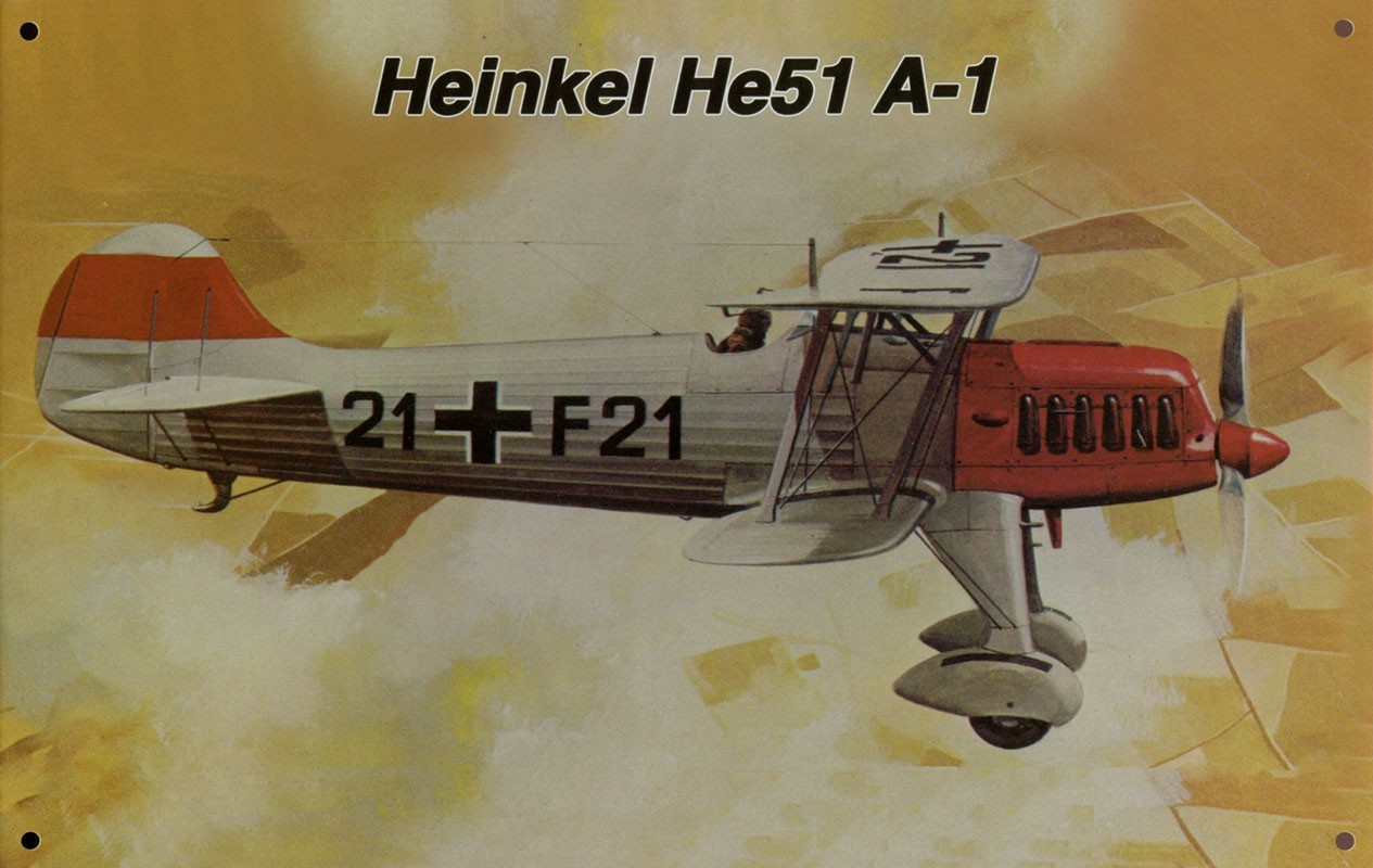 Blechschild "Jagdflugzeug Heinkel He 51 A-1", 30 x 20 cm